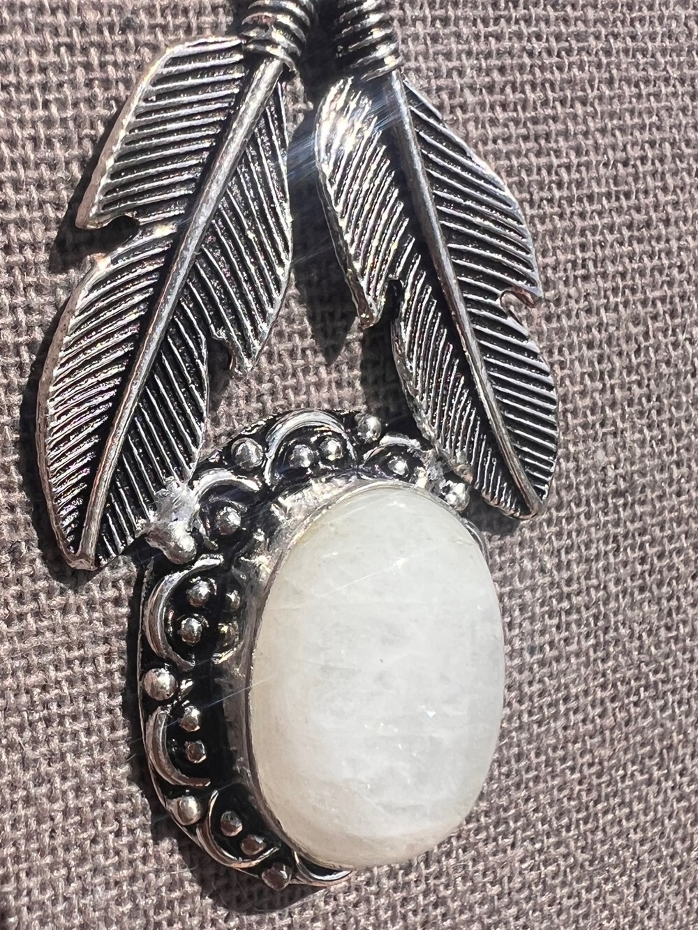 Natural Moonstone Feather Pendant Necklace in Sterling Silver healing stone